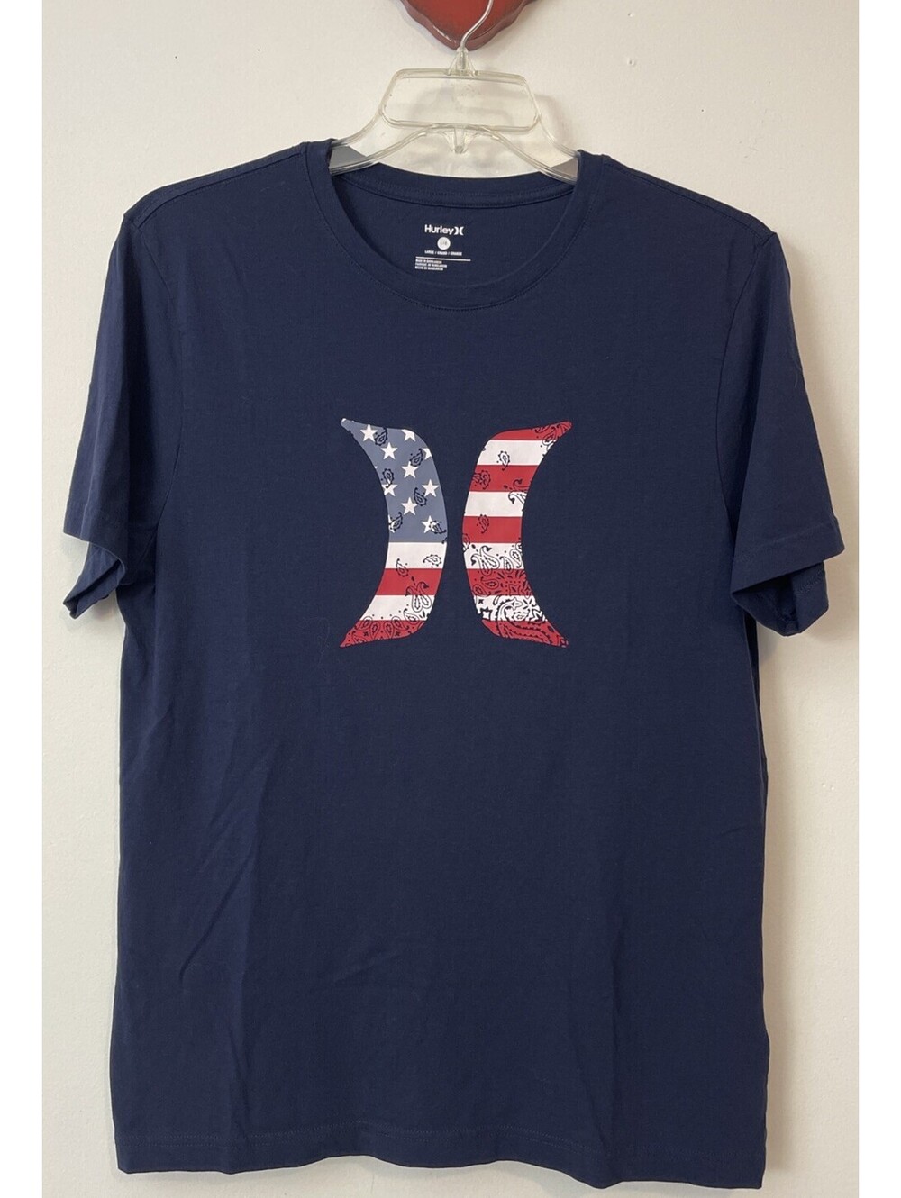 Hurley Mens Large Blue Patriotic Logo Short-Sleeved Cotton Tshirt! A3734